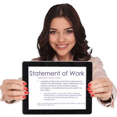 A young lady holding up an iPad with the words Statement of Work on the screen.