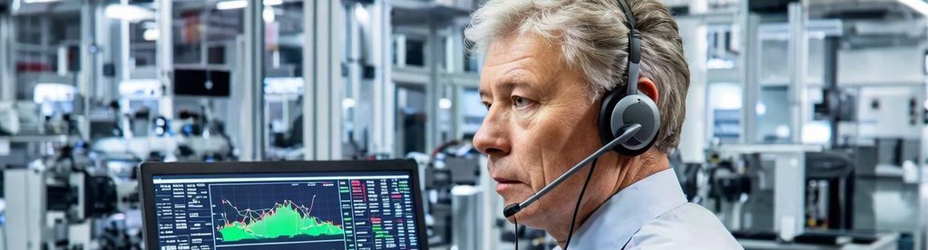Support A man with a headset sat in front of a computer screen